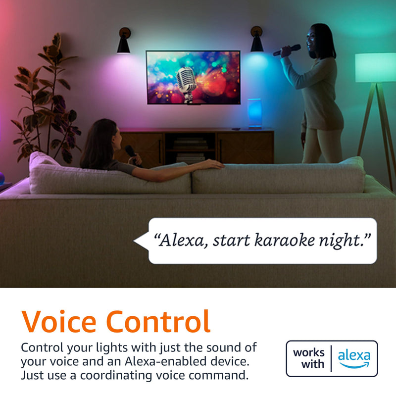 Amazon Basics Smart A19 LED Light Bulb, Color Changing, 9W (60W Equivalent), 800LM, Works with Alexa Only, 2.4 GHz Wi-Fi, No Hub Required, Energy Saving, 4-Pack 4 Pack