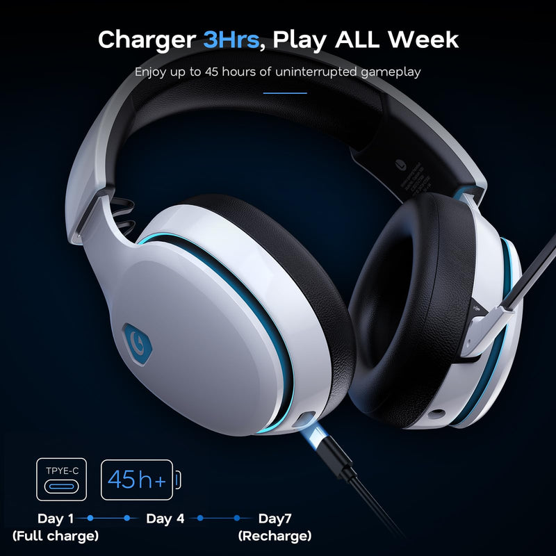AOC 2.4GHz Wireless Gaming Headset for PS5, PS4, PC, Switch, 45Hr, White | Bluetooth 6.0 Gaming Headphones with Noise Canceling Mic, 7.1 Virtual Surround, Great for Fortnite & Call of Duty/FPS Gamers