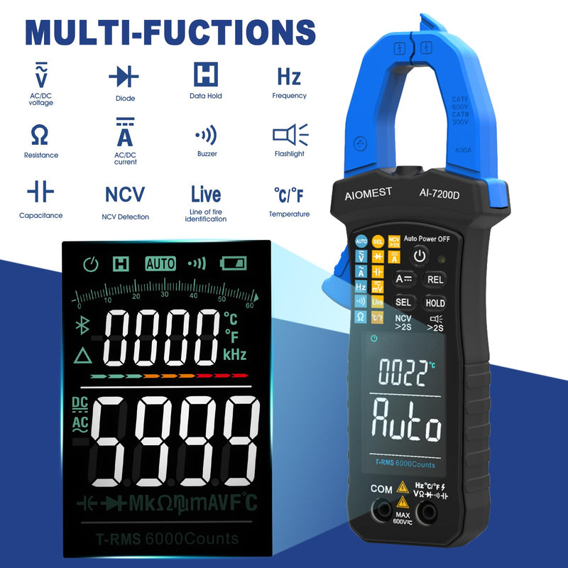 AIOMEST Digital Clamp Meter, 6000 Counts Handheld Multimeter Slim Voltage Tester Auto-Range 60A/400A True-RMS w/NCV, DC & AC, Temp, Volt Ammeter AI-7200D