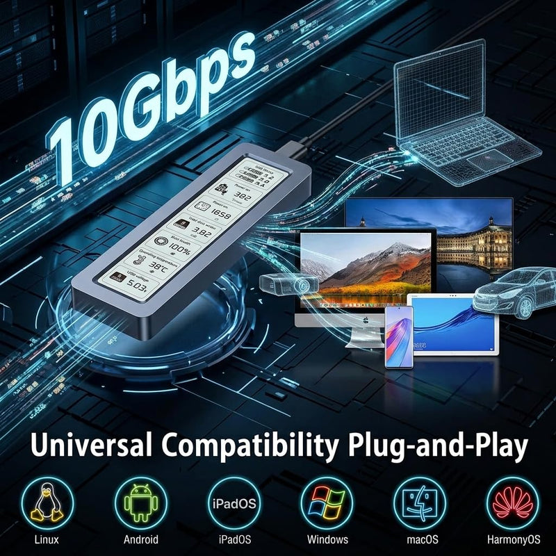 NVMe M.2 SSD Enclosure LCD Smart Health Monitor 10Gbps USB-C Plug&Play Mac PS4