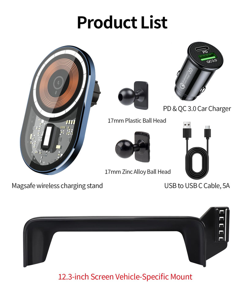 15W Wireless Charger Car Phone Holder for Mercedes-Benz S-Class 2021-2026 | 12.3" Screen Magsafe Accessories Fast Charging Magnetic Cell Phone Holder Clip Compatible with iPhone Android, 3D Fit Bracket