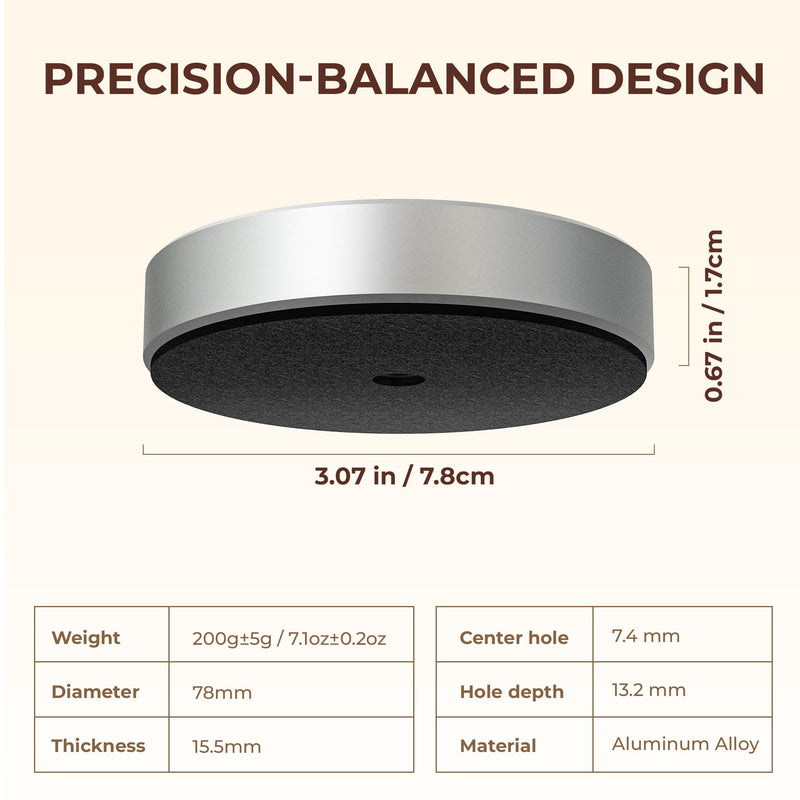 Turntable-Safe 7.1±0.2 oz (200±5 g) Aluminum Record Weight Stabilizer | Balanced Vinyl Record Weight, Low-Profile Design, Soft Velvet Felt Damping Base, Reduces Micro-Vibration & Resonance, Silver Sliver