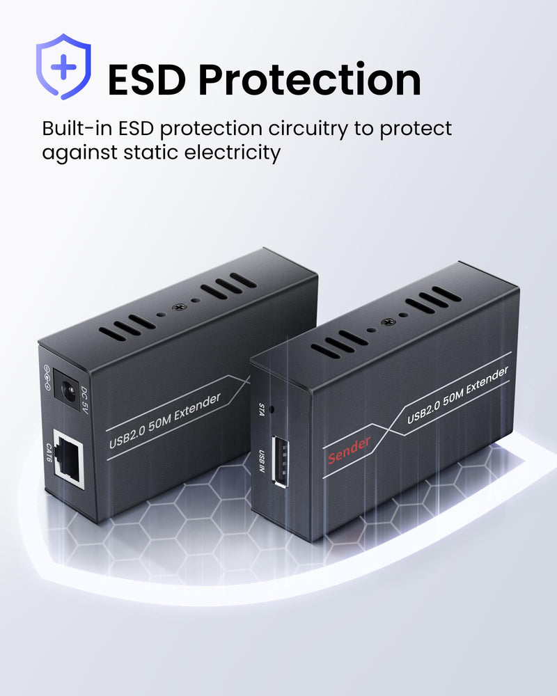 avedio links 164ft/50m USB Extender Over Cat6/7, 4 USB 2.0 Ports Single Ethernet Extender with POC Power Supply, ESD Protection, Plug and Play for Webcam, Keyboard, Mouse, Printer USB2.0 Extender 164ft/50m