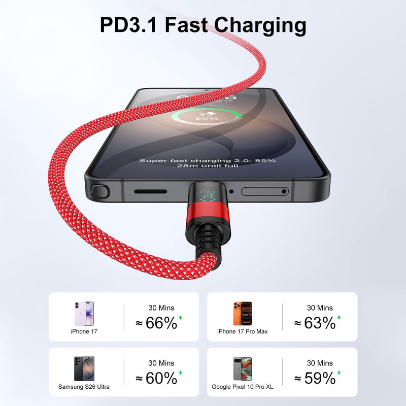 USB C to USB C 240W Samsung Charger Cable 6FT with LED Display | Super Fast Charging Android Phone Charger Cord for Samsung Galaxy S26Ultra S25FE S25Edge A17 A57 A37 A16,MacBook,iPad Red