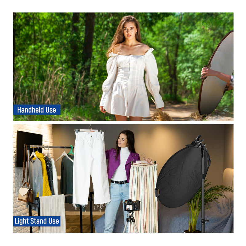 NEEWER 22"/56cm Light Reflector with Clamp & Hand Grips, 5 in 1 Collapsible Multi Disc Photography Reflector Translucent/Silver/Gold/White/Black with 3/8" Thread for Studio Outdoor Lighting, RF-56II 56cm w/Clamp