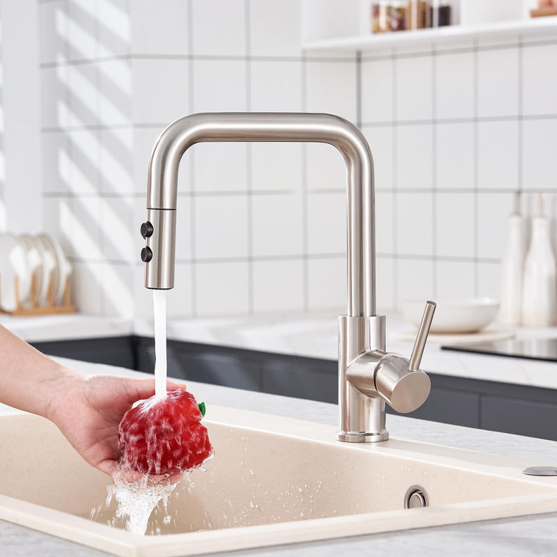 TIORIY Metal Kitchen Faucet Head Replacement, Pull Down Spray Head with 15 Adapters, 2 Function Kitchen Sink Spray Nozzle, Stainless Steel, Brushed Nickel