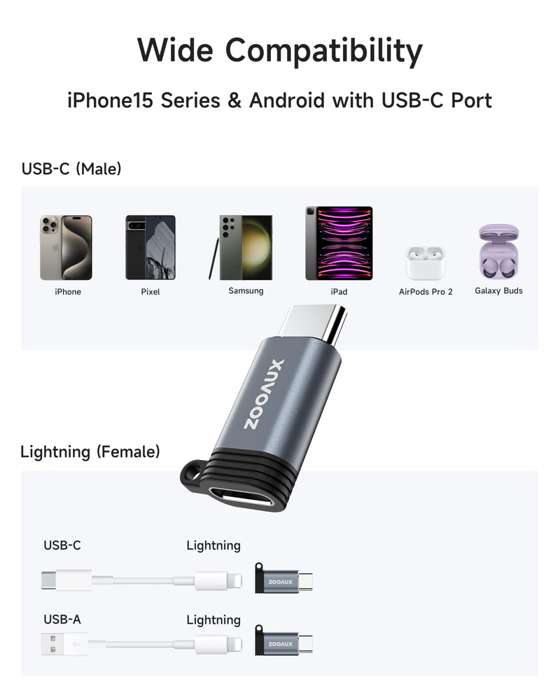 ZOOAUX 2 Pack Lightning to USB C Adapter, USBC to Lightning Charger Adapter Converter for iPhone 15/15 Plus/15 Pro Max, iPad, Support Charging & Data Transfer, Not for Audio/OTG 2 Pack - Lightning to USB C Grey