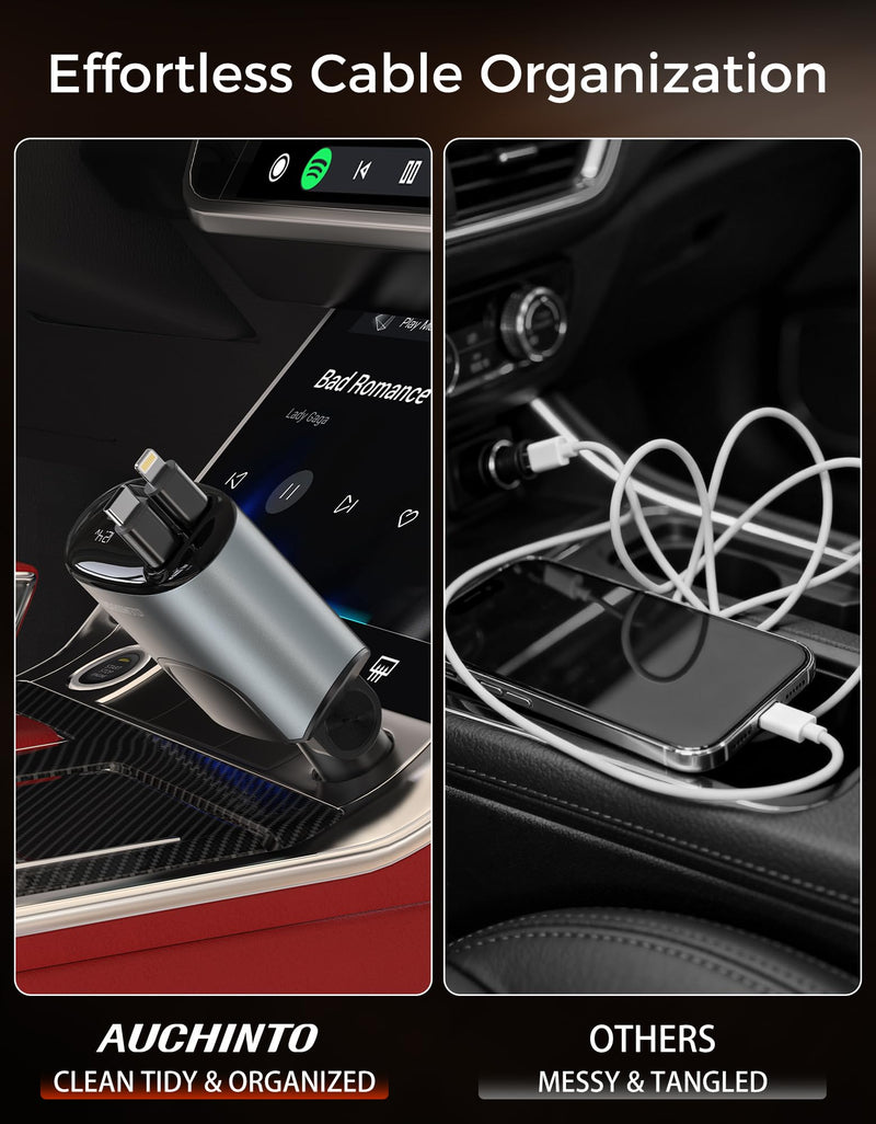 Retractable Car Charger 100W, Phone Charger USB C Fast Charging, 4 in 1 | Cigarette Lighter Adapter for iPhone 17 16 15 14 13 12 11 Samsung Pixel, Travel Essentials Car Accessories Gifts for Him Her