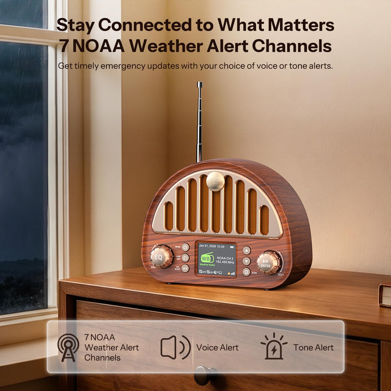 Retro FM Radio with Bluetooth Speaker & NOAA Weather Alert | 40 FM Presets + 7 Weather Bands, 2" Color Display, Dual Alarm, Rechargeable Battery, MicroSD Playback for Home & Office