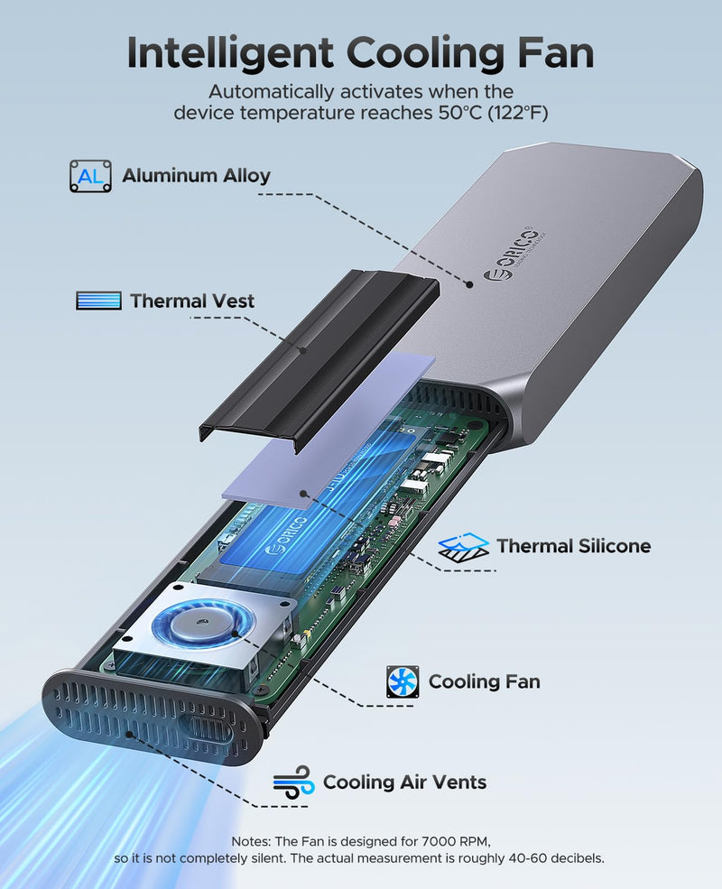 ORICO 40Gbps M.2 NVMe SSD Enclosure with Thermostatic Cooling Fan, Supports up to 8TB, Thunderbolt 4/3 & USB4 Compatible, Backward Compatible with USB 3.2/3.1, M-Key SSD-COM2