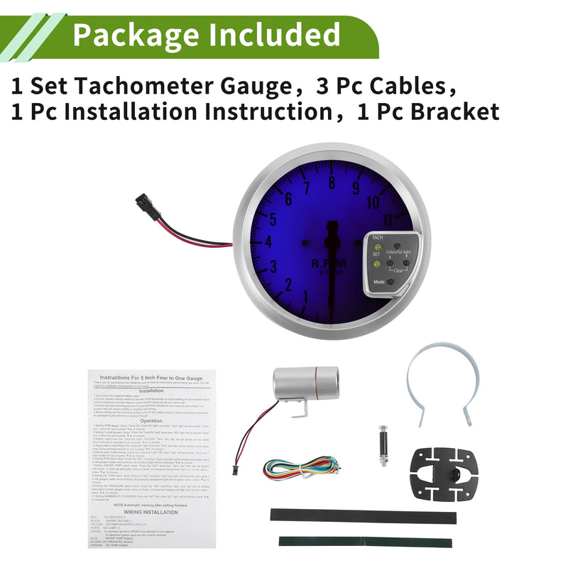5" 127mm Tachometer Gauge Colorful Pointer RPM Tachometer Tach Gauge 0-11000RPM W/Sensor and Bracket Car DC 12V