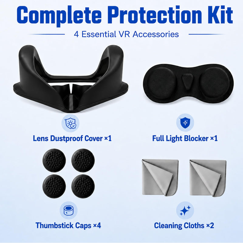 Quest Pro Light Blocker Silicone Facial Interface | Full Light Blocking(VR Accessories Kit with Lens Protective Cover, Thumbstick Caps, Cleaning Cloths)