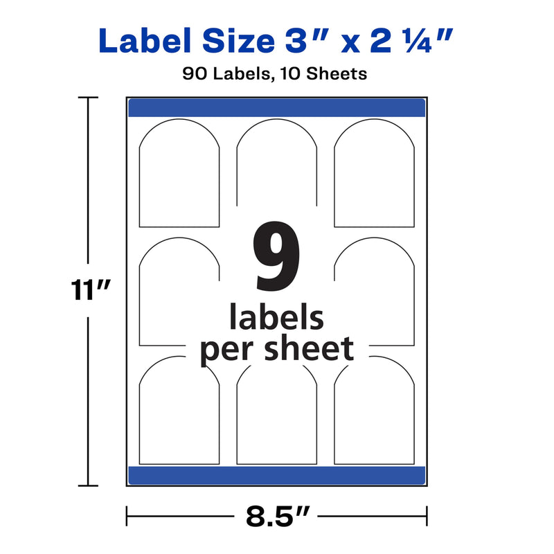 Avery Arched Labels with Sure Feed for Laser Printers, Water Resistant, 3" x 2.25", 90 Labels (22809) One Size