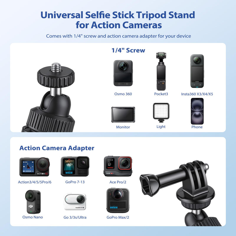 Walking Way 66"/168CM Auto-Open Selfie Stick Tripod, Invisible Selfie Stick for GoPro/Insta360 X5/Ace Pro/DJI Osmo Action/Pocket, 360° Rotatable Pop-Open Camera Stand, Stable Throwpod for Travel/Vlog