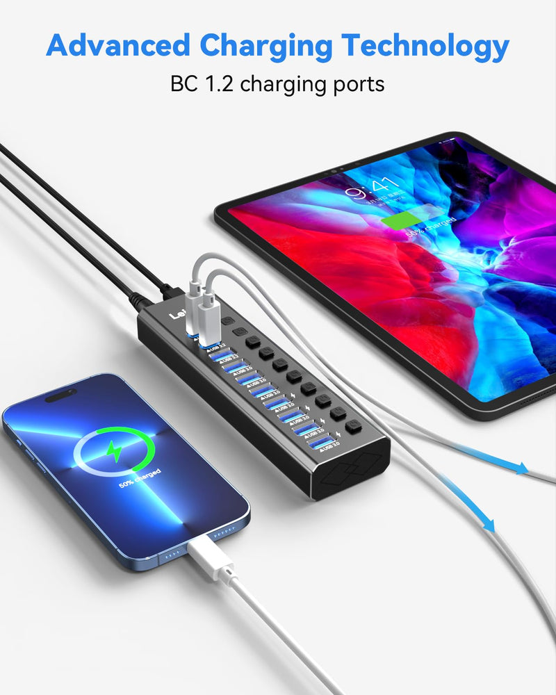 Powered USB Hub 3.2, LEINSIS 10-Port USB 3.2/USB C Hub (10Gbps USB-A 3.2 +2 USB-C 3.2 +7 USB 3.0 Ports) with Individual On/Off Switches and 12V Power Adapter, Aluminum USB Hub Powered for Laptop PC 10-Port USB 3.2 Hub light black