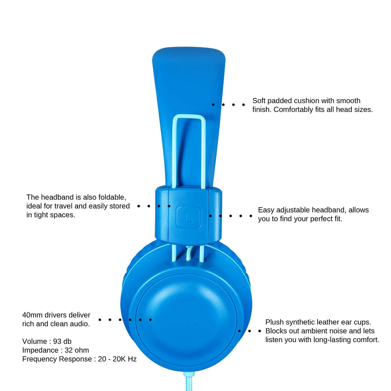 iRAG J01 Kids Headphones Foldable Stereo Tangle-Free 5ft Long Cord 3.5mm Jack Plug in Wired On-Ear Headset for iPad/Amazon Kindle Fire/Toddler/Boys/Girls/School/Laptop/Tablet(Ocean Blue) Ocean Blue
