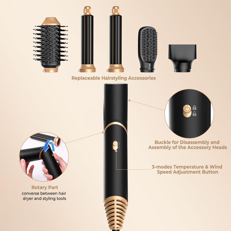 5 in 1 Air Styler Hair Dryer Brush with Rotatable Blow Dryer [60,000 RPM] Air Curlers Volumizer Straightening Brush Hairdryer Nozzle 5 in 1 Magic Styler Hair Styler for Easy Hair Styling, Black