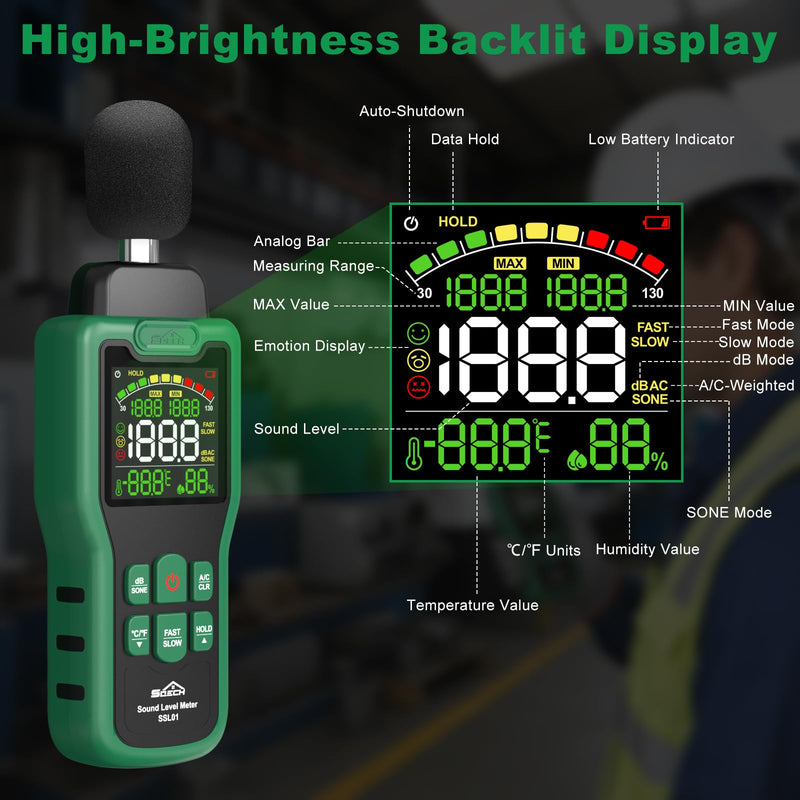 Decibel Meter, SQECH 30-130dB Sound Level Meter with Temperature & Humidity, SPL Meter with Color Backlit Display, A/C Weighted, dB/SONE Unit, FAST/SLOW Response, MAX/MIN, Data Hold, for Home/Factory