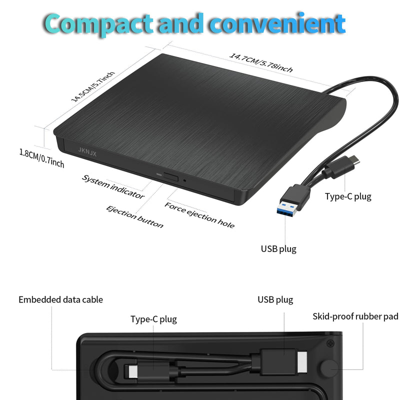 2 in 1 External CD DVD Drive, USB 3.0 and Type-C Disc Reader Burner Player | Optical Drive for PC Laptop Desktop MacBook Mac Windows Linux OS Apple Dark Black