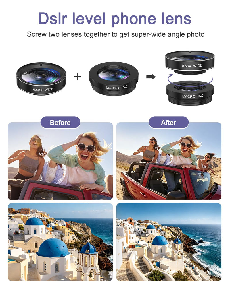 7-in-1 Cell Phone Camera Lens Kit, 15X Macro, 0.63X Wide Angle, 2X Telephoto, 198° Fisheye, CPL, Star & Kaleidoscope Filters, Compatible with iPhone, Samsung & Most Major Smartphone