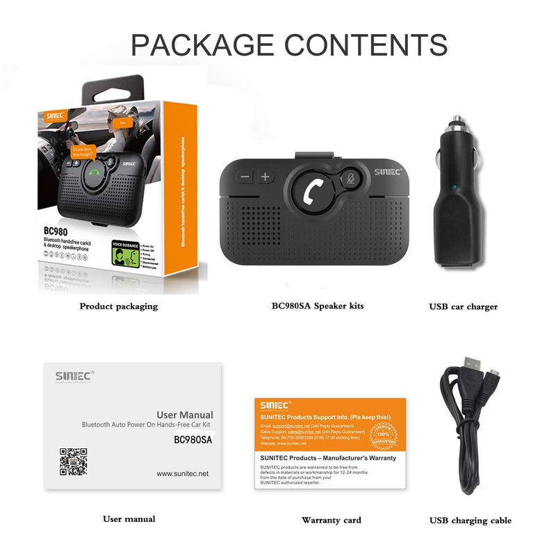 Handsfree Bluetooth Car Kit for Cell Phone,Wireless Speaker for Car | AUTO Power On Off Reconnect, Support Siri Google Voice Assistant Hands Free Phone Speakerphone with Visor Clip - BC980SA Black