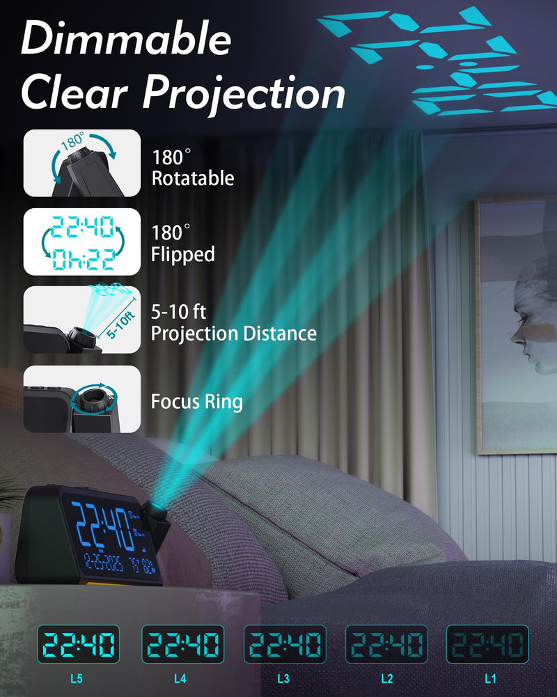 Roxicosly Projection Alarm Clock for Bedroom Ceiling, 118 dB Super Loud for Heavy Sleepers, 6.7" Large Digital Dimmable Display with Day Date Indoor Temp Humidity, Dual Alarms Adjustable Volume Blue Digit+blue Projection