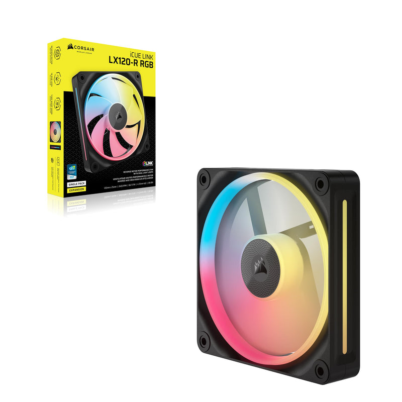 CORSAIR iCUE Link LX120-R RGB 120mm PWM Reverse Fan – Single Fan – Low-Noise, Magnetic Dome Bearing, Dual Light Loops, CORSAIR QuikTurn Screws, Zero RPM Mode – Black 1 x 120mm