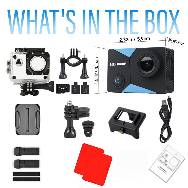Action Camera 1080P Sports Camera 16GB Memory Card Action Cam 131ft Underwater Waterproof with 2 X Batteries with Accessories Kit Suitable for Helmet, Bicycle, etc. Indigo Black