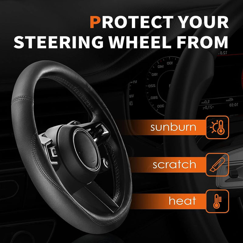 HOTOR Car Steering Wheel Cover - Universal Car Accessory for Diverse Cars, Durable Leather Cover with Anti-Slip Lining, for Steering Wheel with a Diameter of 14.5"-15",Black Standard Size [14.5"-15"] Black