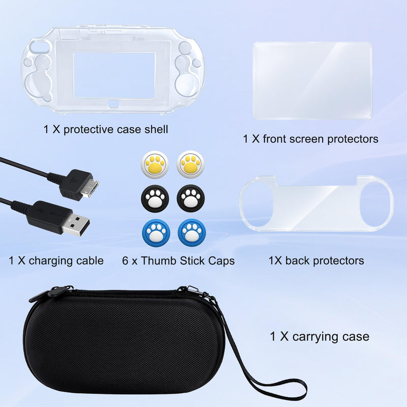 Accessories Kit for PS Vita 1000, Carrying Case for PSV 1000, Protective Case, Front and Back Screen Protectors, 6Pcs Thumb Grip Caps and Charger Cable