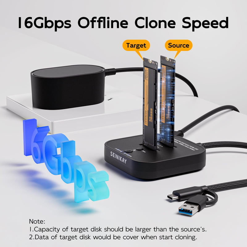 Dual Bay NVMe Cloner Duplicator with C to C-A Cable, USB-C 3.2 GEN2 16Gbps Offline Clone, M.2 PCIe NVMe SSD Reader Docking Station Adapter, Tool-Free, 5V 3A Power