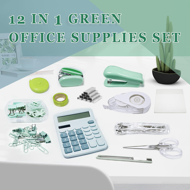 Ohmywor Office Supplies Set, Desk Accessories Includes Stapler Staples, Correction Tape, Calculator, Paper Clip, Transparent Note, Scissors, Tape Measure for Office School Clerk Student