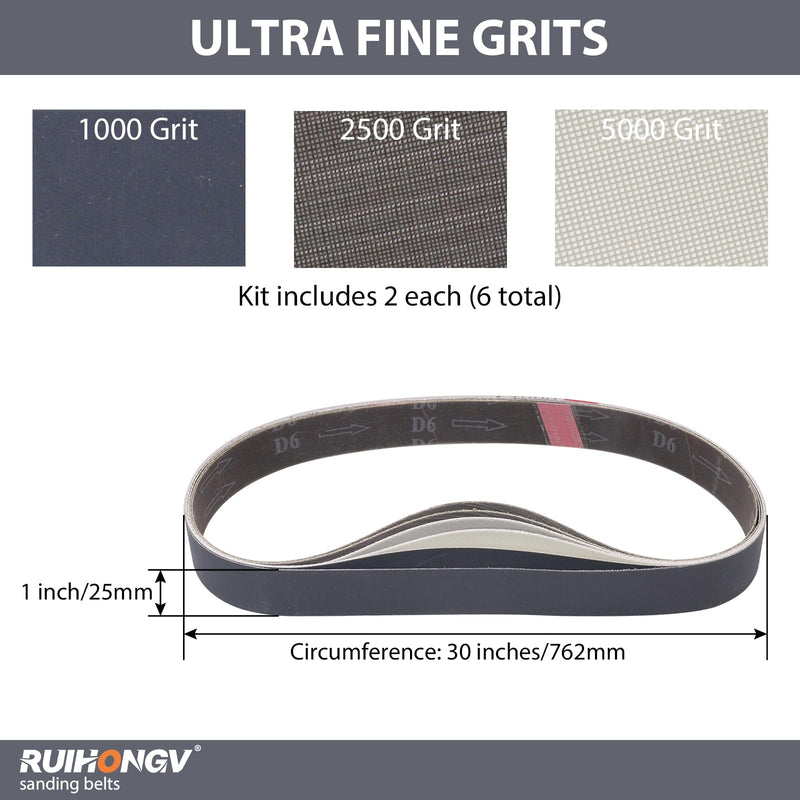 6 Pack 1x30 Sanding Belts for Knife Sharpening, 2 Each of 1000 2500 and 5000 Ultra Fine Grits, Compatible with 1 x 30 Inch Belt Sanders, 1x30 Grinding Belts for Knife Polishing Metalworking 1000,2500,5000 Grit