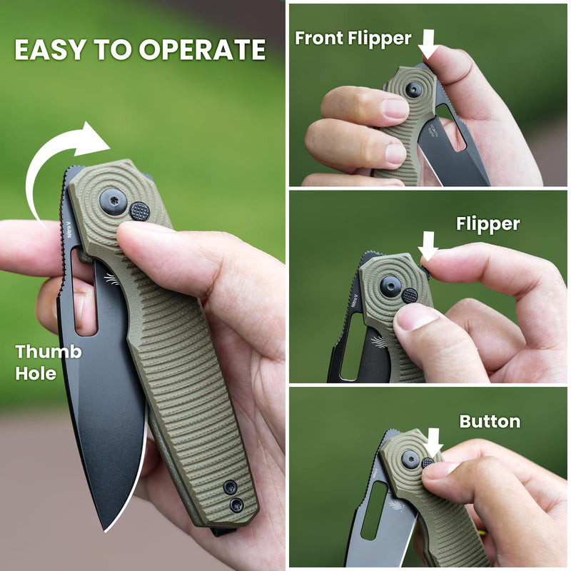 Kizer Dogfish Pocket Folding Knife, 3.14" Nitro-V Steel Blade Button Lock Knife, G10 Handle EDC Knives V3640A2 Green