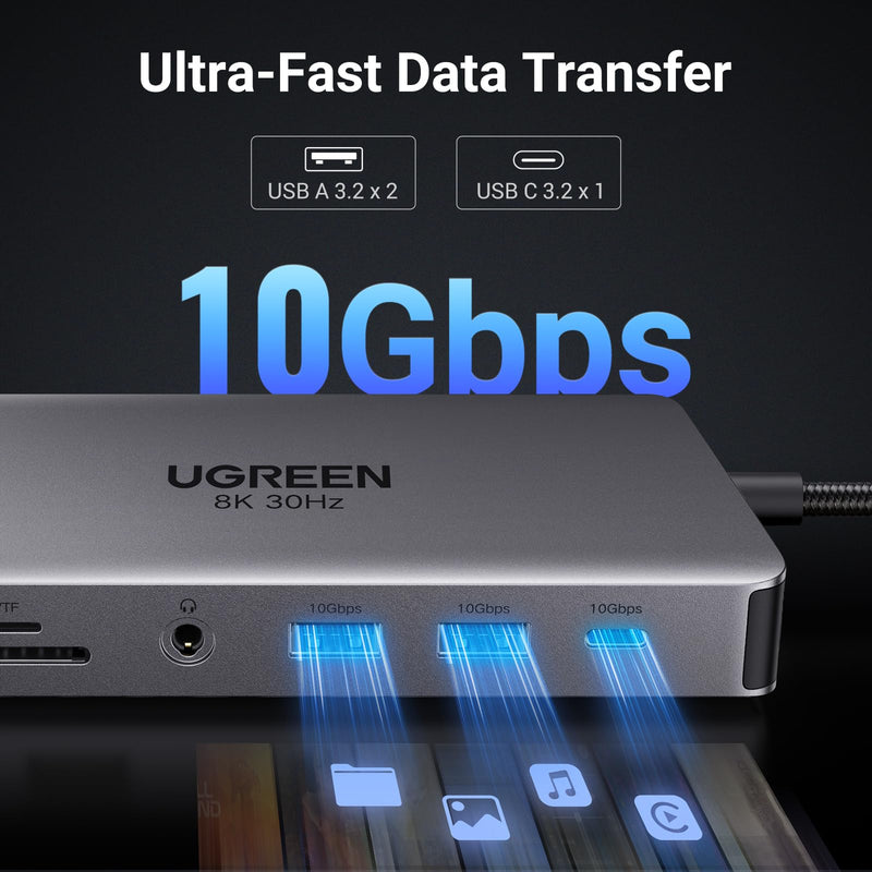 UGREEN Revodok Pro 211 Laptop Docking Station 11 in 1 USB C Dock Dual HDMI 4K@60Hz Single 8K@30Hz 10Gbps Data Port 100W PD Gigabit Ethernet, SD/TF Card Reader Compatible for Thinkpad, Zenbook and more