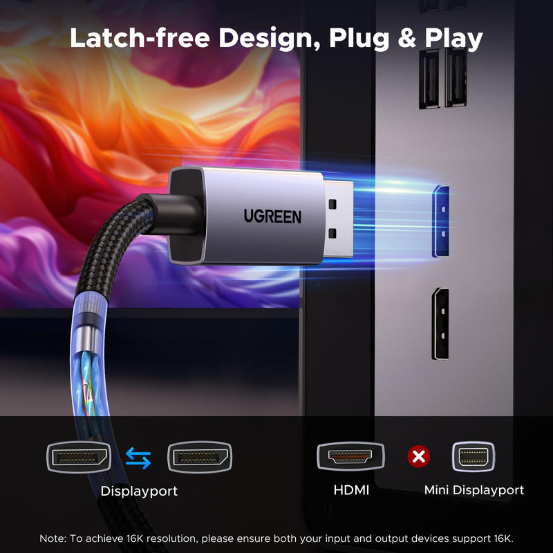 UGREEN 16K@60Hz 80Gbps DisplayPort Cable 2.1 DP Cord 8K@240Hz 4K@240Hz Display Port Cable 10FT HDR, HDCP2.3, DSC1.2a, FreeSync, G-Sync, Alu Braid Compatible Monitor, Graphics RTX 5090 4090, PC, HDTV