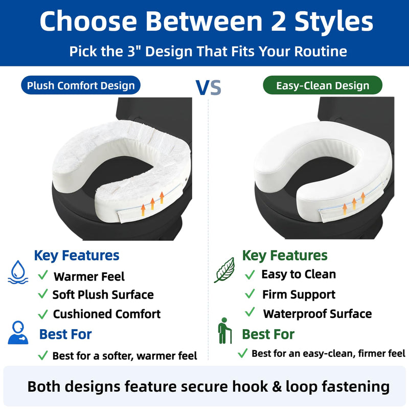 Toilet Seat Riser Cushion, 3-Inch Padded Toilet Seat Cushion for Seniors, Firm High-Density Foam with Secure Fastening, Stable and Non-Slip, Fits Standard and Elongated Toilets White 3 Inch Plush