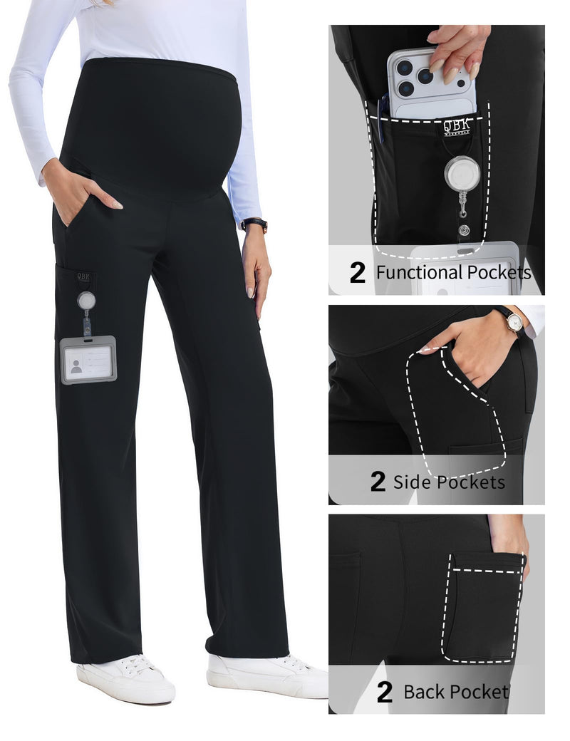 QBK Women's Maternity Scrub Pants Straight Cargo Work Pants with 6 Pockets 4-Way Stretch Regular Medium Black