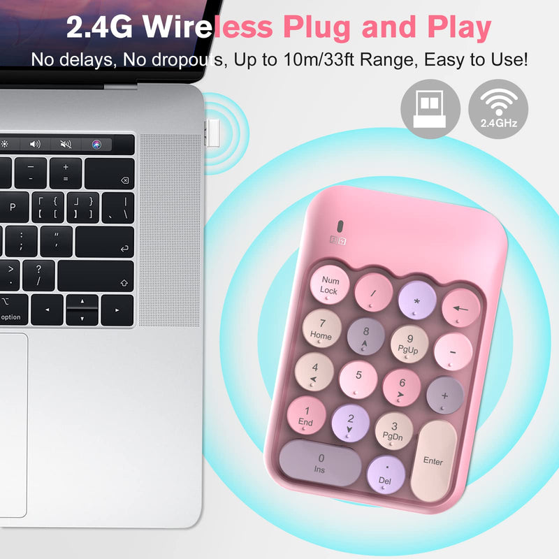 PINKCAT Wireless Number Pad, Cute 18 Keys Numeric Keypad with 2.4G Mini USB Receiver, Portable Silent Number Numpad Financial Accounting for Laptop, PC, Notebook, Desktop, Surface - Pink Mix 637-2.4G+Pink Mix