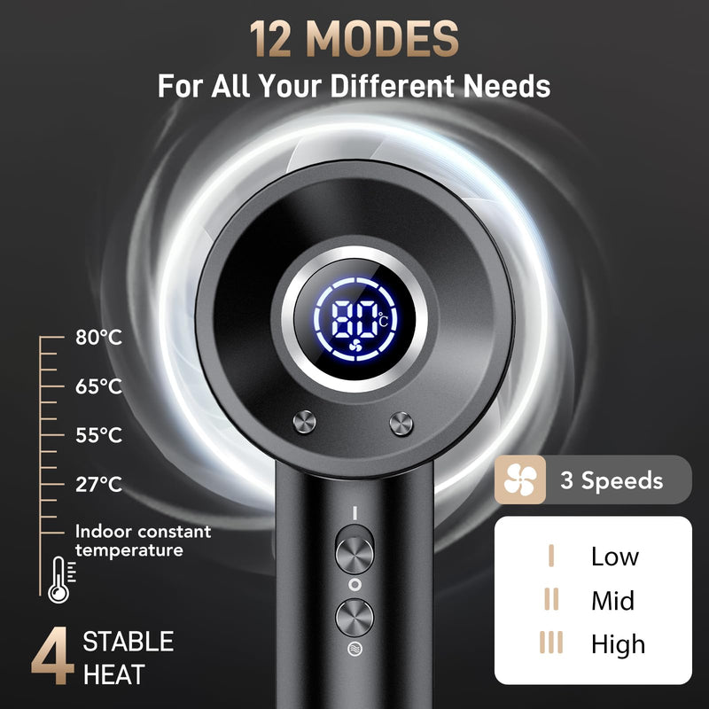 500 Million Negative Ionic Hairdryer with LED Display, 180,000 RPM Hair Dryer with 3 Speed 4 Heat Setting, Blow Dryer with Diffuser & Concentrator, Low Noise & Lightweight Hairdryers for Women Men Black