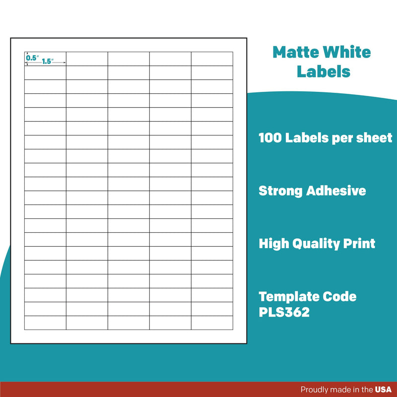  [AUSTRALIA] - Premium Label Supply White Sticker Barcode Labels – 1.5" x 0.5" – Laser/Inkjet Compatible – (100 per Sheet), 25 Sheets – 2,500 Total Adhesive Labels 2500 Labels