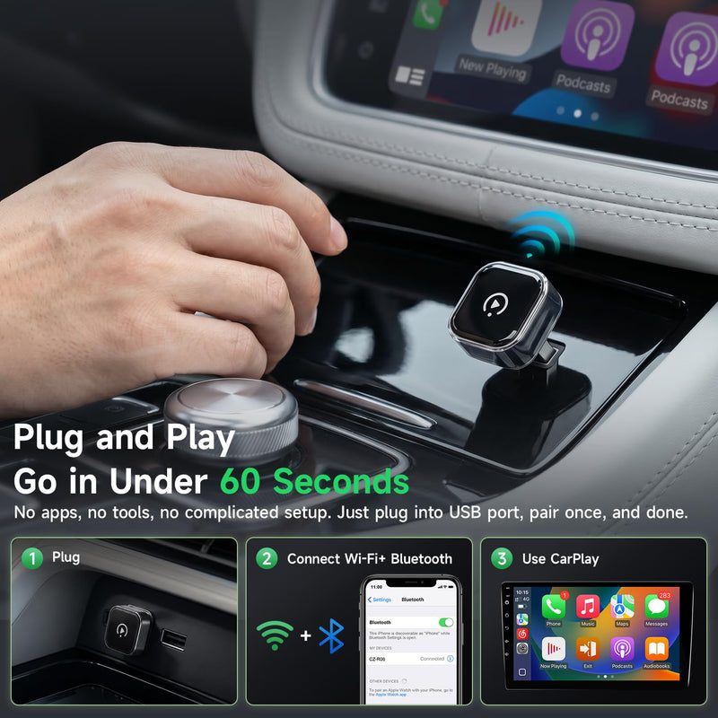 Wireless CarPlay Adapter for iPhone,Auto Connect Phone to Car,No Delay | 2026 upgraded,plug and play,OTA updates,compact size,wired to wireless,USB C,works with Apple CarPlay and Android Auto