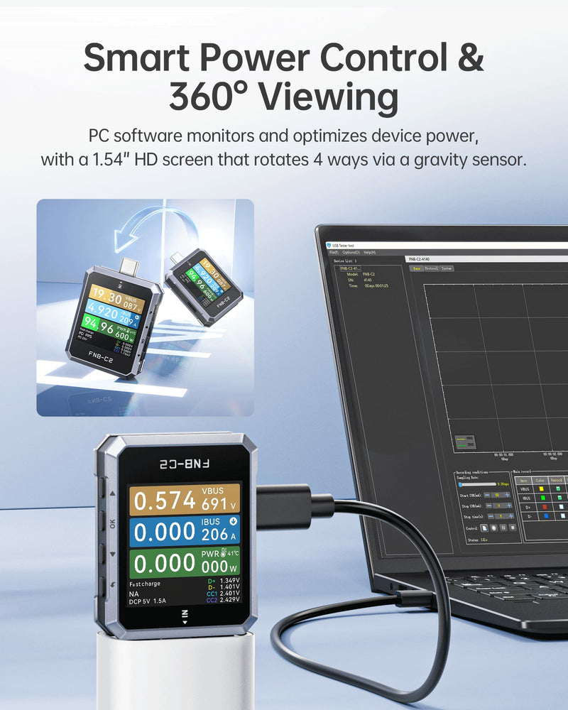 FNIRSI FNB-C2 PD 3.1 USB C Tester 4-50V 6.5A 240W, USB Power Meter with 20-Bit ADC 7-Digit Display Bi-Directional, 1.54" Screen, Curve View & Gravity Sensor, Supports PPS, QC3.0, E-Marker