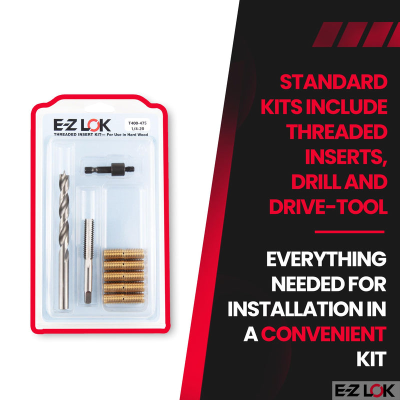 E-Z LOK Threaded Insert Installation Repair Tool Kit for Hard Wood - Includes Brass Thread Inserts, Drill, Tap and Drive-Tool 1/4-20 - 0.75" Length (EZ-T400-475) 1/4-20 - 0.75"