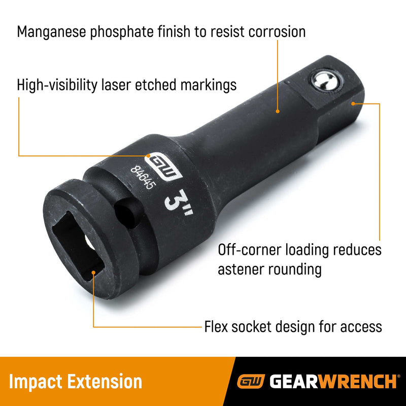 GEARWRENCH 4 Pc. 3/8" Drive Impact Extension Set, 3", 6", 10" & 15" - 84926N 3", 6", 10" & 15"