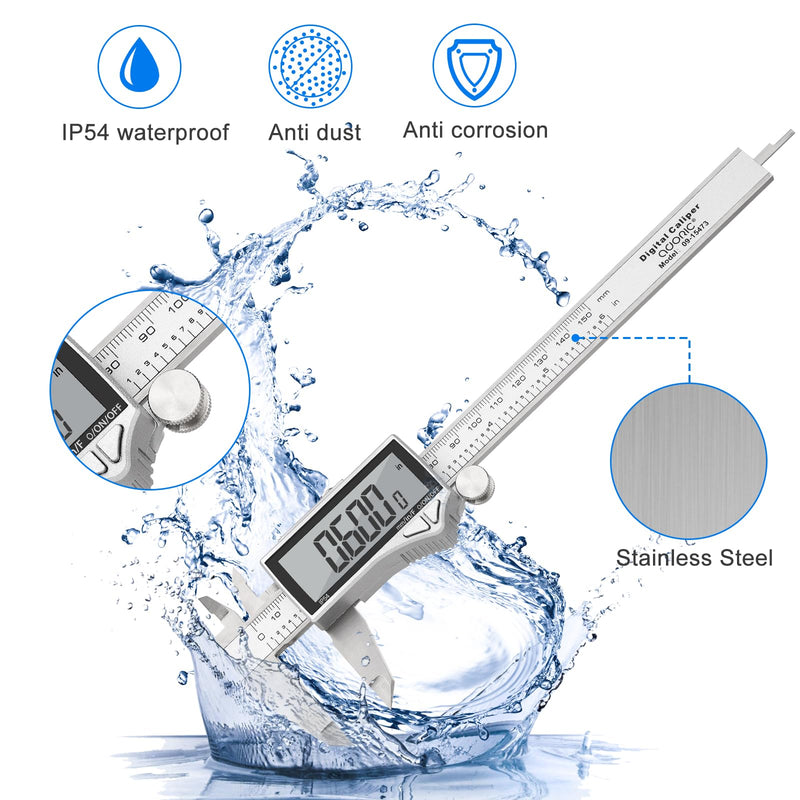 Adoric Digital Caliper, Caliper Measuring Tool Stainless Steel Vernier Caliper Digital Micrometer with Large LCD Screen, Easy Switch from Inch Metric Fraction, 0-6" Caliper Tool for DIY/Household 6" SS-Large LCD