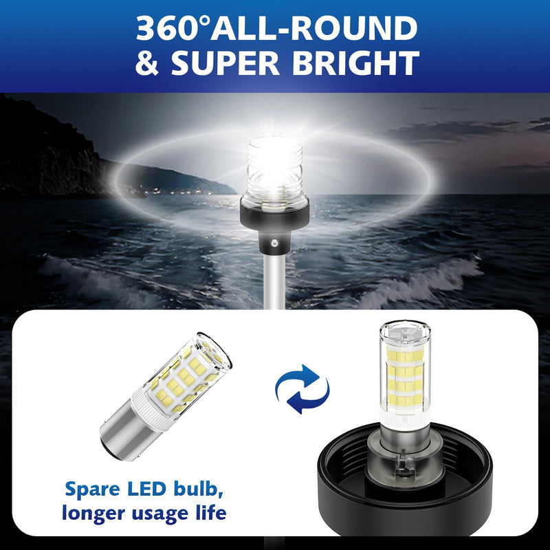 Boat Stern Light Anchor Light, 28"-48" Telescoping Pole Boat Lights LED with Base & Extra Bulb, Waterproof 3NM 360° All Round Marine Navigation Lights for Boats LED for Pontoon, Fishing, Bass Boats Sliver