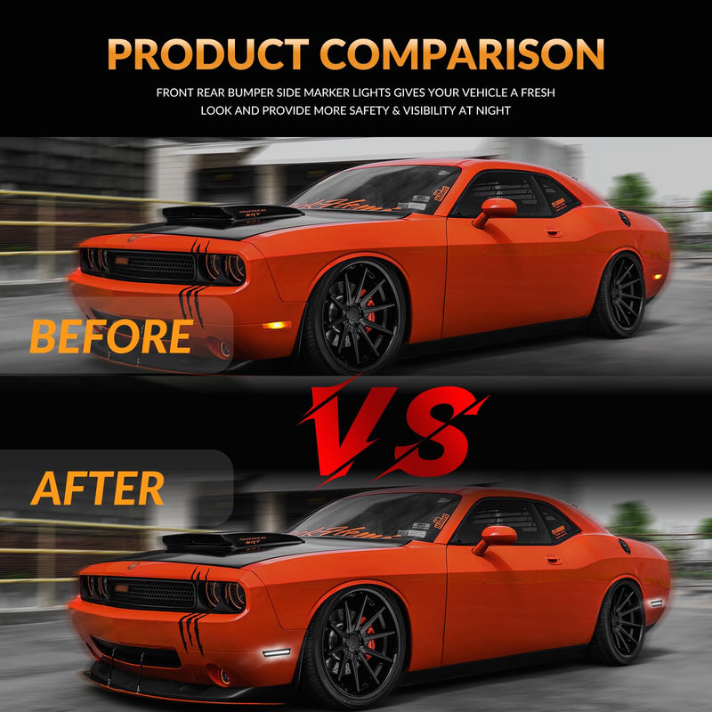 LED White Side Marker Lights Front Rear Bumper Signal Lamp Reflectors for 2008-2014 Dodge Challenger Smoked Len, 4PCS Front&Rear Bumper, 4PCS