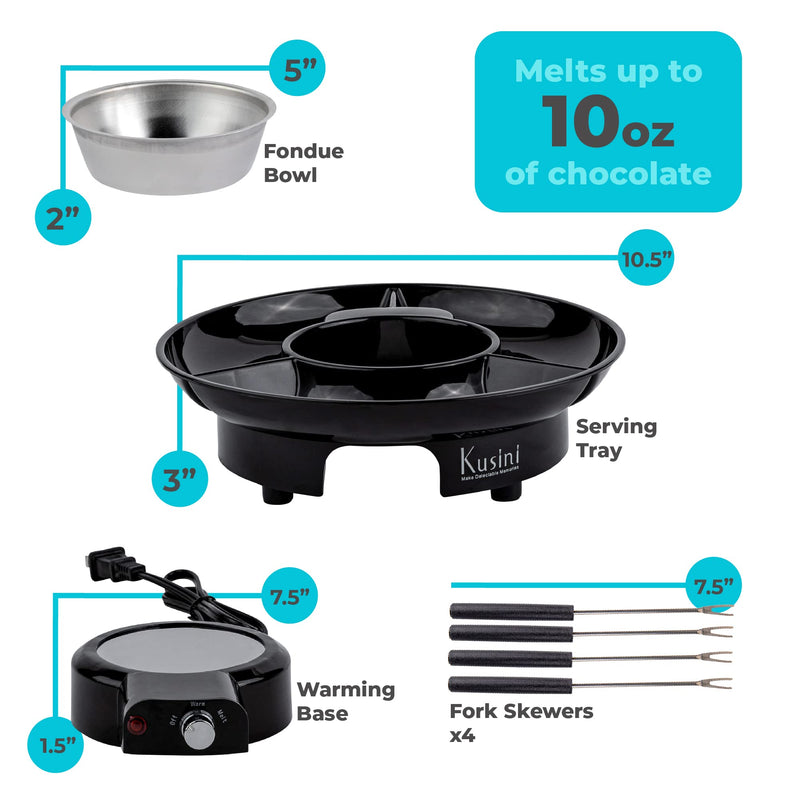Kusini Electric Fondue Pot Set - Chocolate Fondue Kit - Temperature Control, Detachable Serving Trays, & 4 Roasting Forks - Gift Set & Date Night Idea. Serve at Movie Night or Game Night. Black