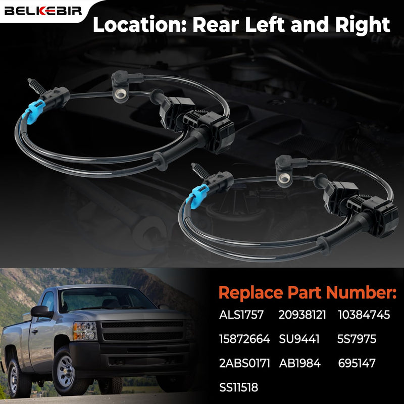 Rear ABS Wheel Speed Sensor Left & Right Compatible with 2007-2013 Chevy Silverado 1500 2500 3500, GMC Sierra 1500, Chevy Cheyenne Replace ALS1757 20938121 10384745 15872664 SU9441 5S7975 2ABS0171